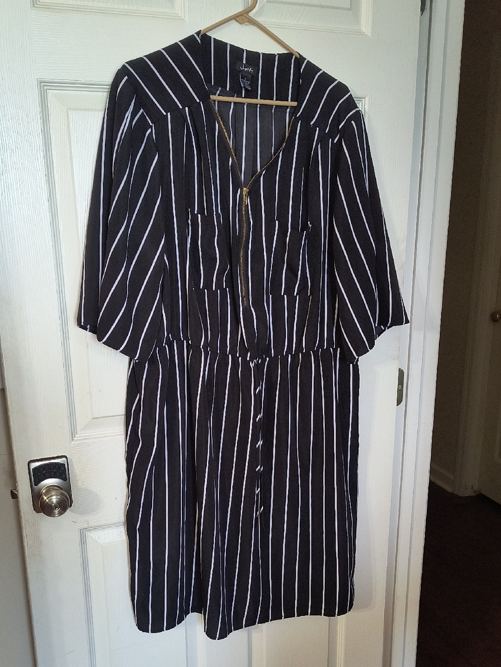 Justify Black and White Striped Midi Dress with Gold Zip